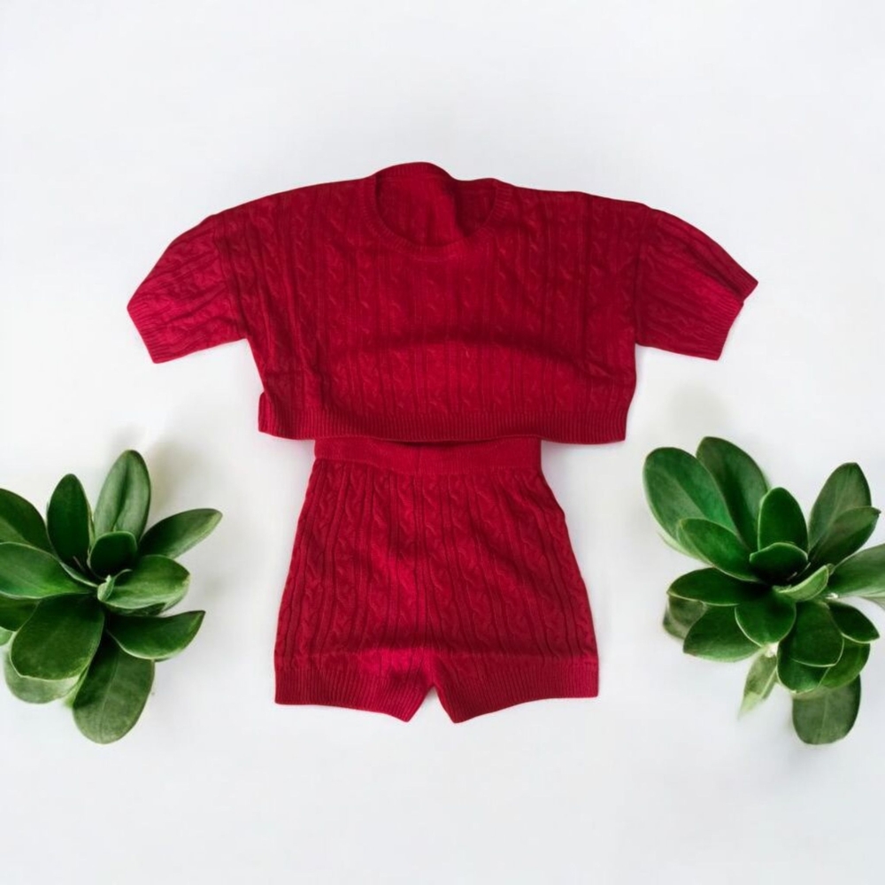 Red Cable Knit Sweater and Shorts Set